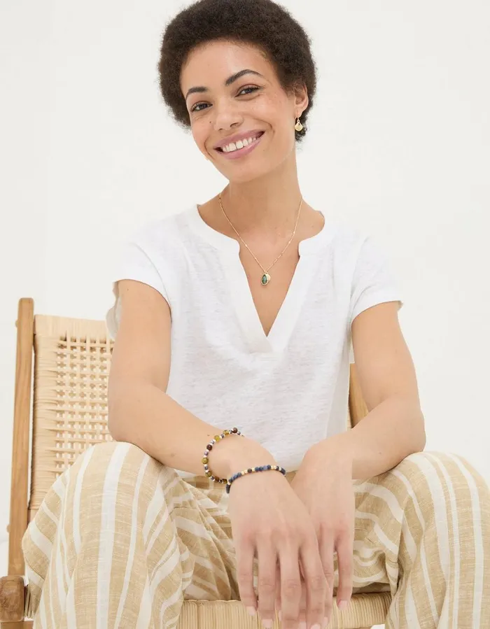 Linen Notch Neck TShirt White Women FatFace Tops and TShirts