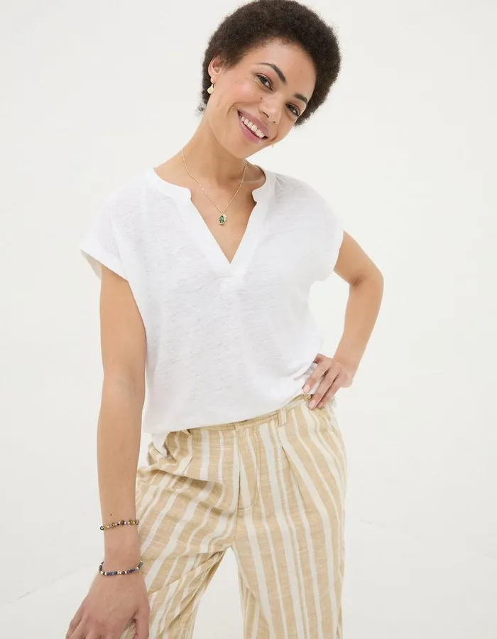 Linen Notch Neck TShirt White Women FatFace Tops and TShirts