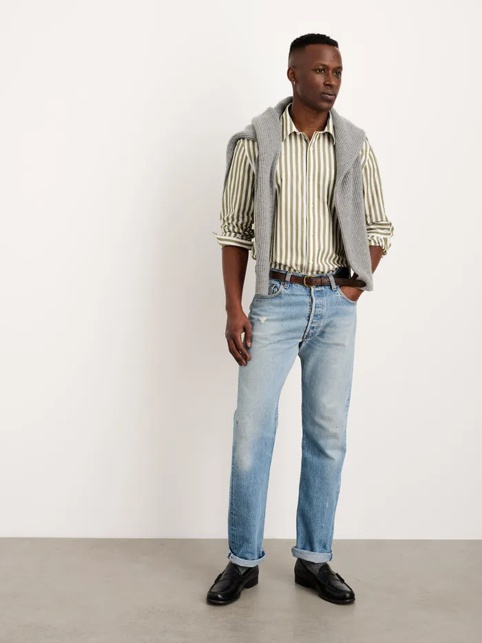 Men Alex Mill Shirts Mill Shirt In Wide Striped Portuguese Poplin Olivewhite