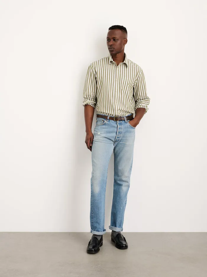 Men Alex Mill Shirts Mill Shirt In Wide Striped Portuguese Poplin Olivewhite