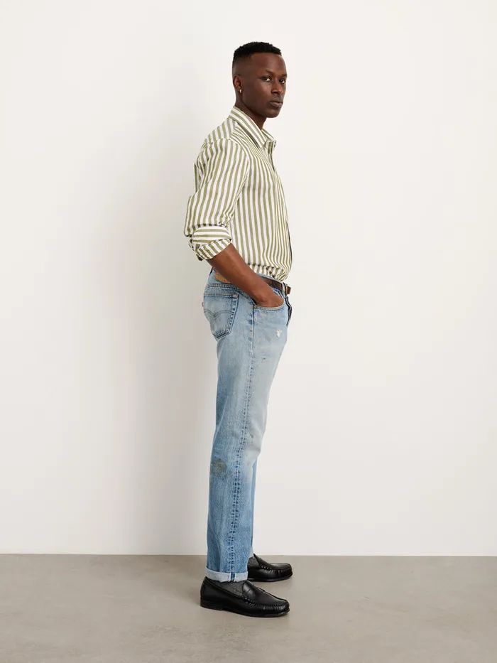 Men Alex Mill Shirts Mill Shirt In Wide Striped Portuguese Poplin Olivewhite