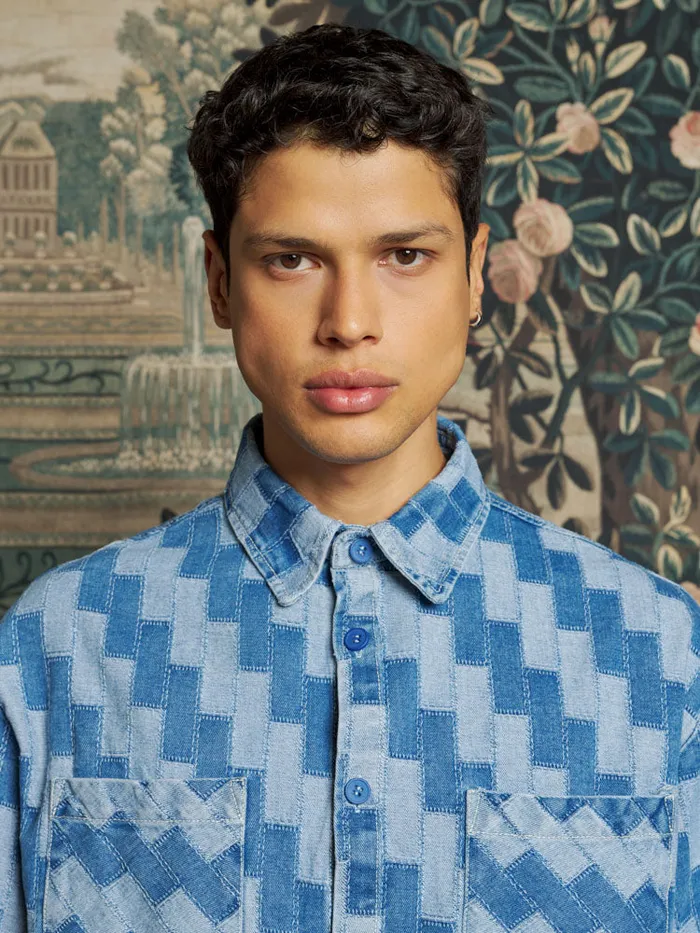 Men Ansel Patchwork Denim Shirt Indigo Blue Sister Jane Shirts
