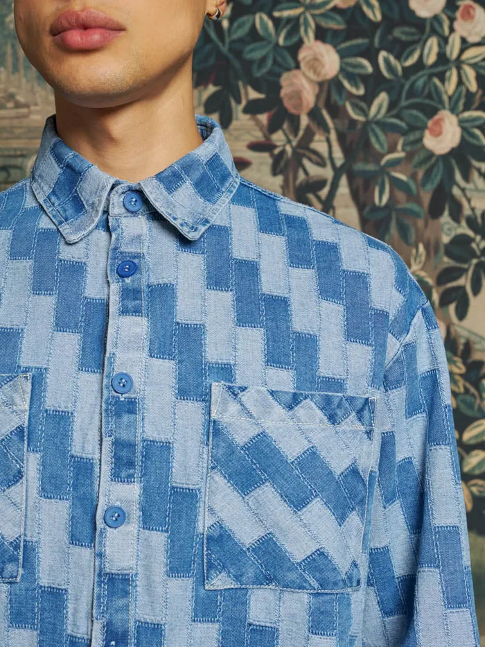 Men Ansel Patchwork Denim Shirt Indigo Blue Sister Jane Shirts