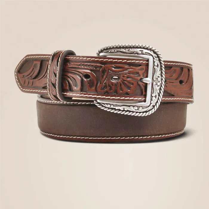 Men Belts Ariat Floral Embossed Ends Belt Tan