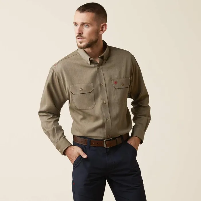 Men Button Down Shirts Ariat FR Air Inherent Work Shirt Khaki Heather
