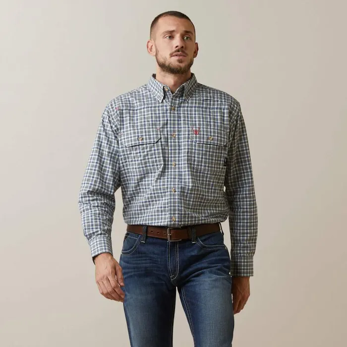Men Button Down Shirts Ariat FR Plaid Featherlight Work Shirt Clear Sky Plaid Men Button Down Shirts Ariat FR Plaid Featherlight Work Shirt Clear Sky Plaid