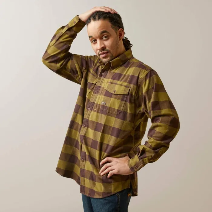 Men Button Down Shirts Ariat Rebar Flannel DuraStretch Work Shirt Avocado