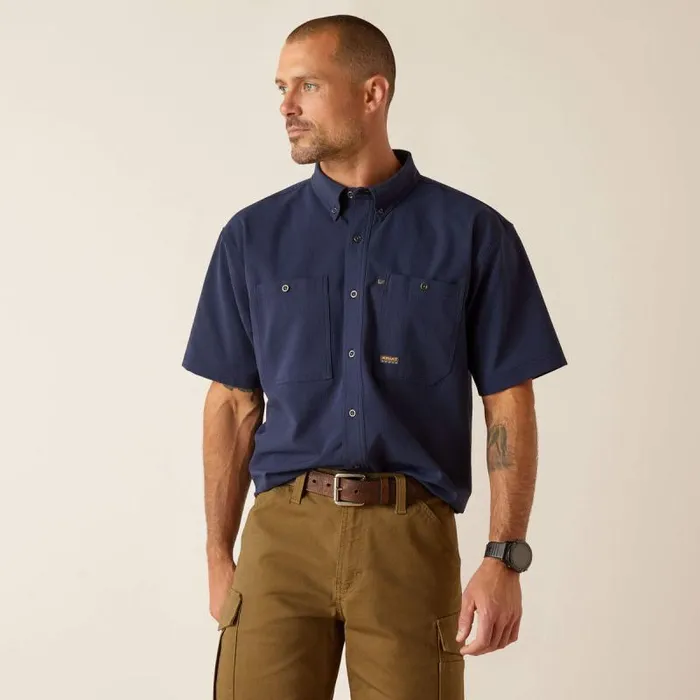 Men Button Down Shirts Ariat Rebar Made Tough 360 AirFlow Work Shirt Navy