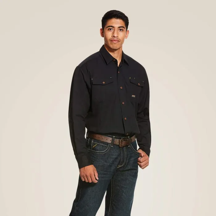 Men Button Down Shirts Ariat Rebar Made Tough DuraStretch Classic Fit Work Shirt Black