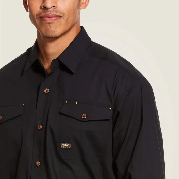 Men Button Down Shirts Ariat Rebar Made Tough DuraStretch Classic Fit Work Shirt Black