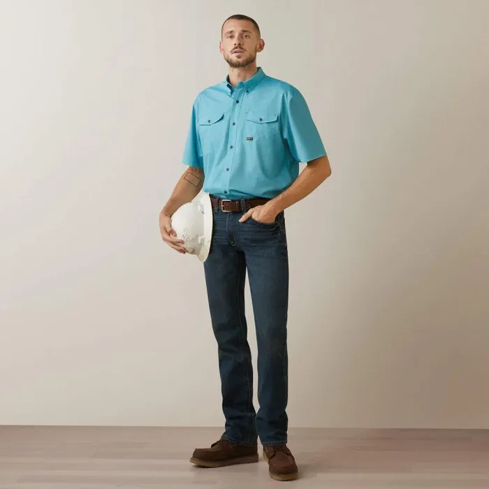 Men Button Down Shirts Ariat Rebar Made Tough VentTEK DuraStretch Work Shirt Caribbean Sea Heather