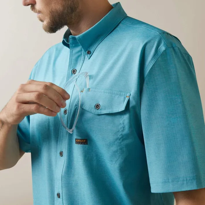 Men Button Down Shirts Ariat Rebar Made Tough VentTEK DuraStretch Work Shirt Caribbean Sea Heather