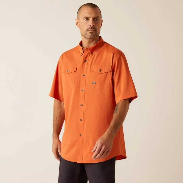 Men Button Down Shirts Ariat Rebar Made Tough VentTEK DuraStretch Work Shirt Orange Rust Heather