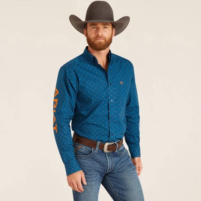 Men Button Down Shirts Ariat Team Clarence Fitted Shirt True Blue