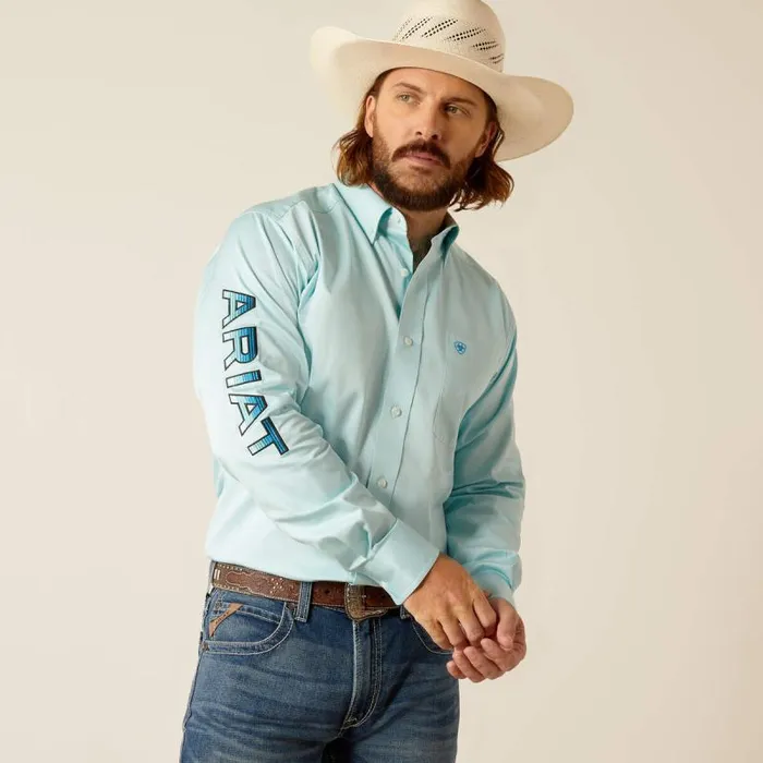 Men Button Down Shirts Ariat Team Logo Twill Fitted Shirt Light Aqua