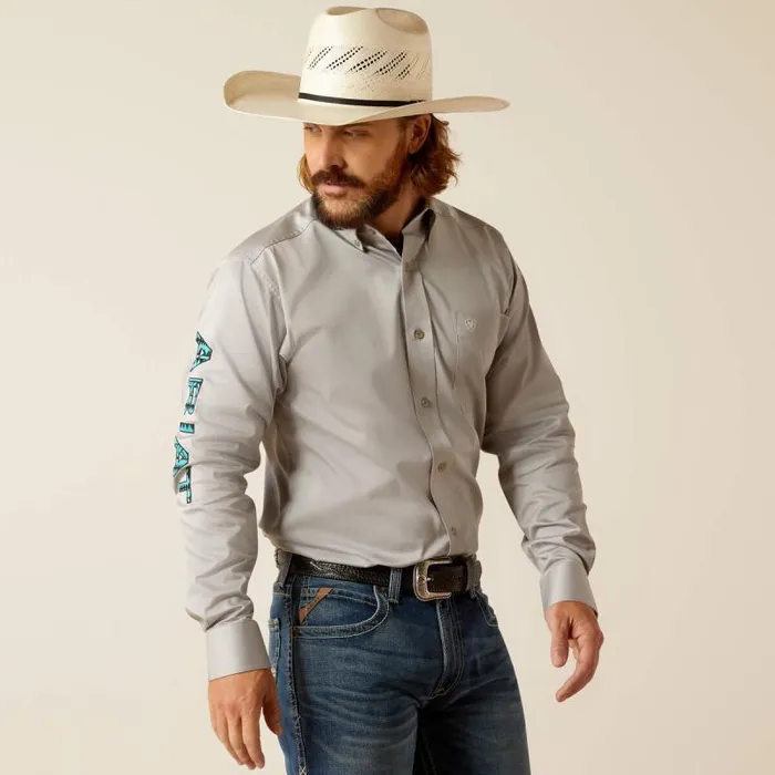 Men Button Down Shirts Ariat Team Logo Twill Fitted Shirt Light Grey