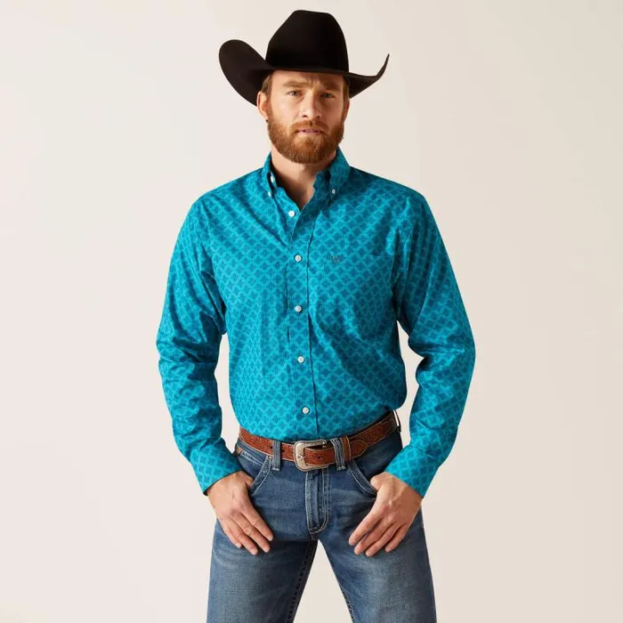 Men Button Down Shirts Ariat Wrinkle Free Gael Fitted Shirt Enamel Blue