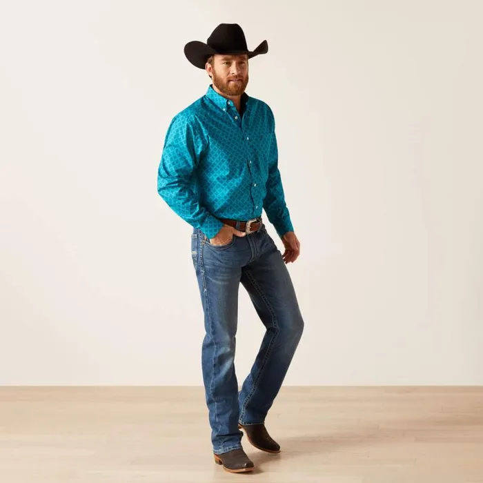 Men Button Down Shirts Ariat Wrinkle Free Gael Fitted Shirt Enamel Blue