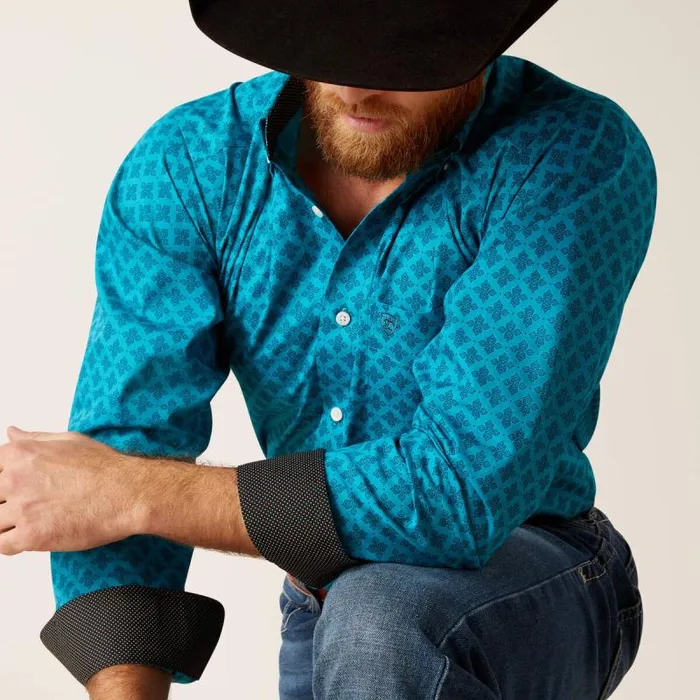 Men Button Down Shirts Ariat Wrinkle Free Gael Fitted Shirt Enamel Blue