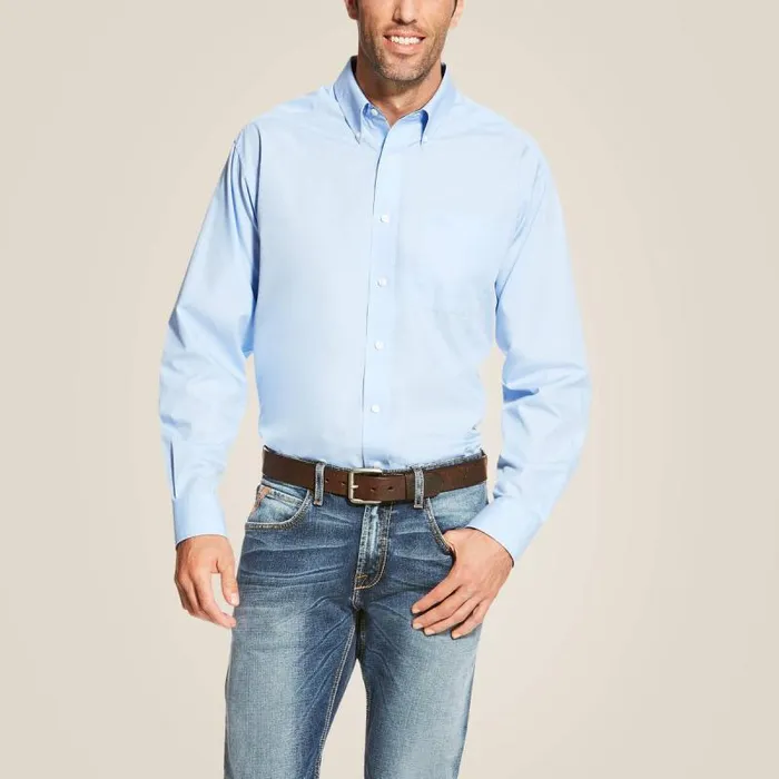 Men Button Down Shirts Ariat Wrinkle Free Solid Shirt Light Blue