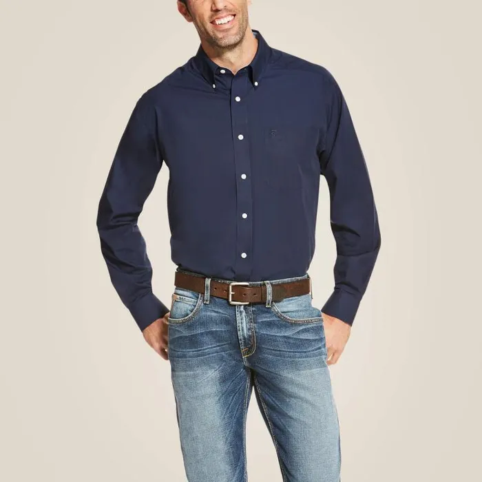 Men Button Down Shirts Ariat Wrinkle Free Solid Shirt Navy Blue