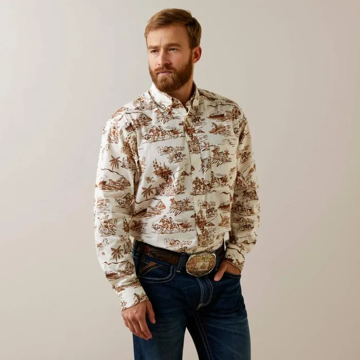 Men Button Down Shirts Ariat Wrinkle Resist Paniolo Western Aloha Stretch Classic Fit Shirt Sand