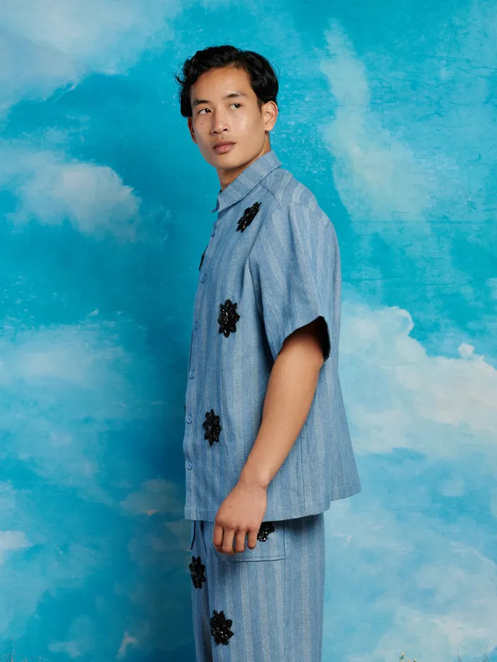 Men Cameron Stripe Applique Shirt Gray Blue Sister Jane Shirts