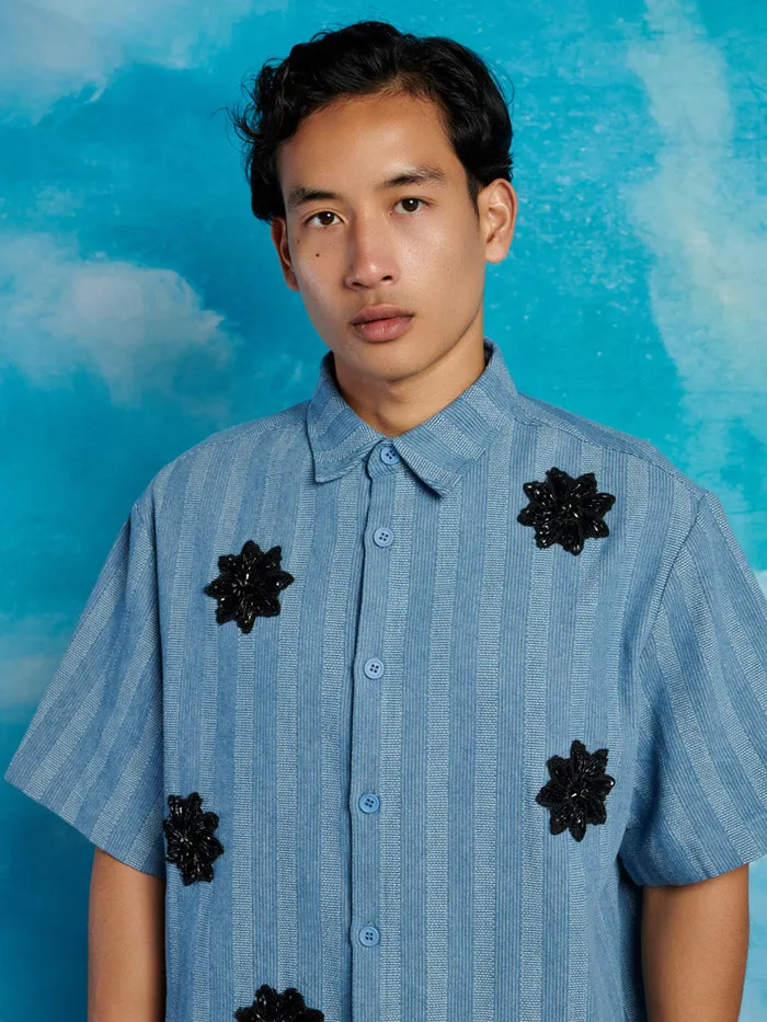 Men Cameron Stripe Applique Shirt Gray Blue Sister Jane Shirts