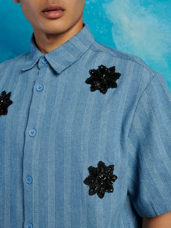 Men Cameron Stripe Applique Shirt Gray Blue Sister Jane Shirts