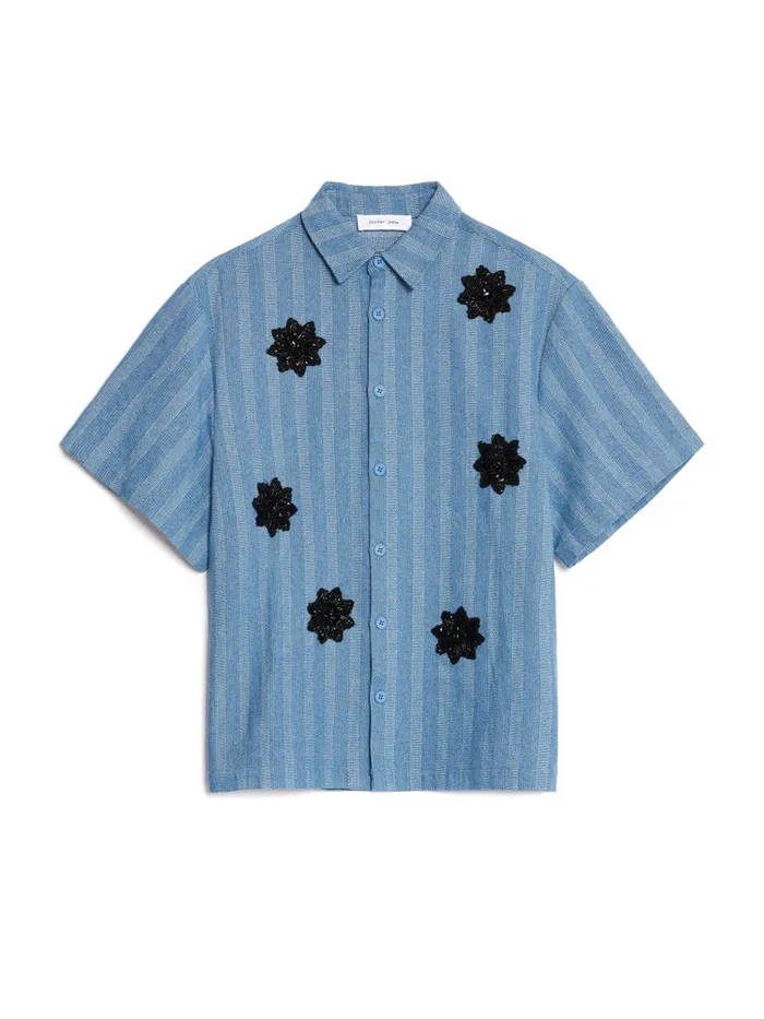 Men Cameron Stripe Applique Shirt Gray Blue Sister Jane Shirts
