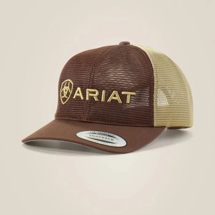 Men Hats and Caps Ariat Large Embossed Lgoo Mash Cap Brown