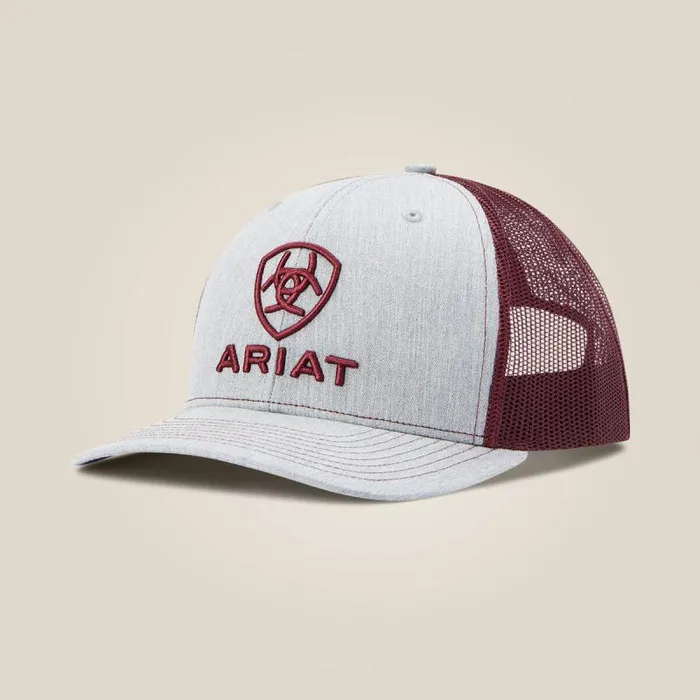 Men Hats and Caps Ariat Stacked Logo Cap Grey Burgundy
