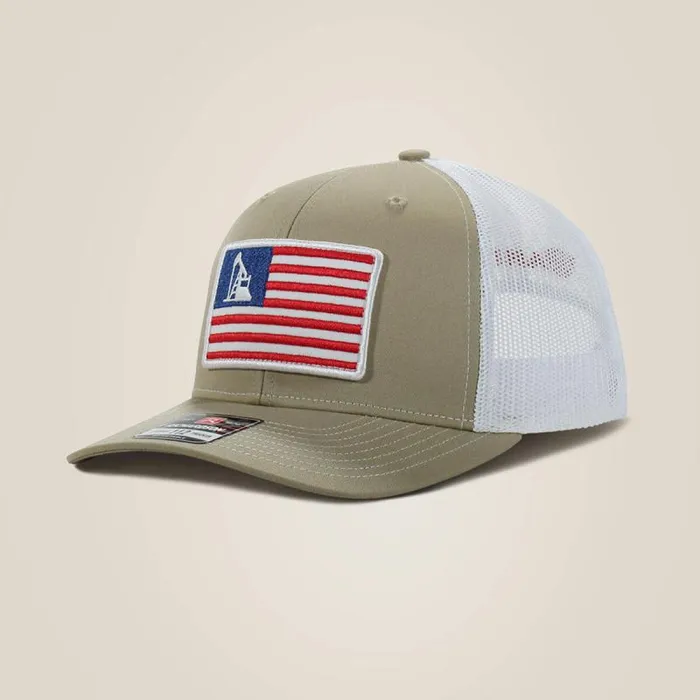 Men Hats and Caps Ariat Usa Flag Patch Logo Cap Tan