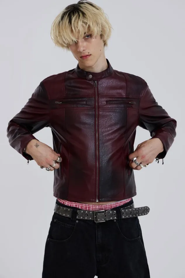 Men Jaded London Denim and Jeans Oxblood Piston Jacket