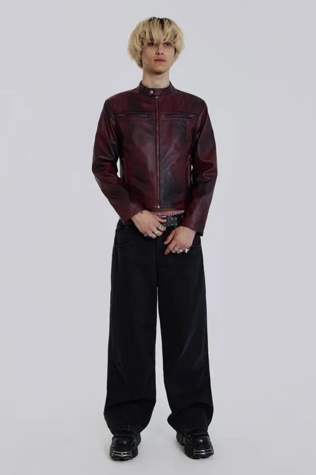 Men Jaded London Denim and Jeans Oxblood Piston Jacket