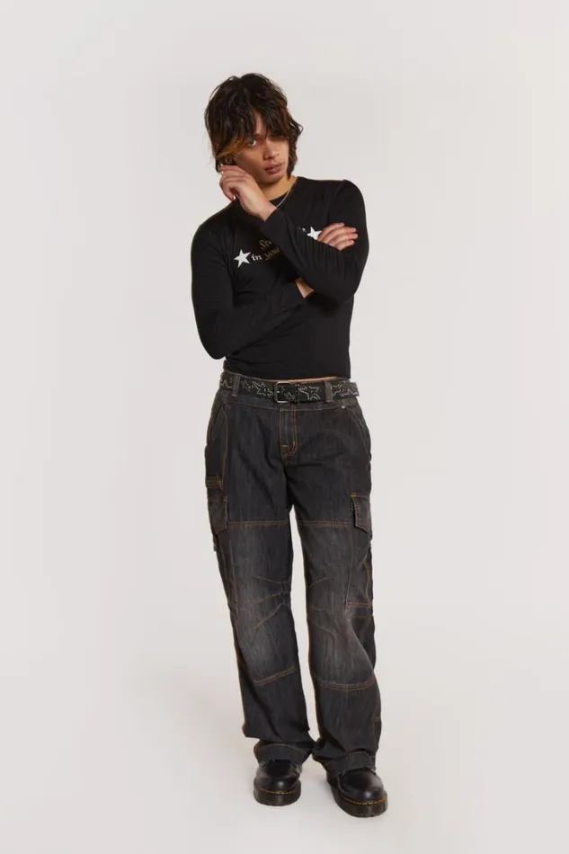 Men Jaded London Jeans Black Millennium Cargo Jeans