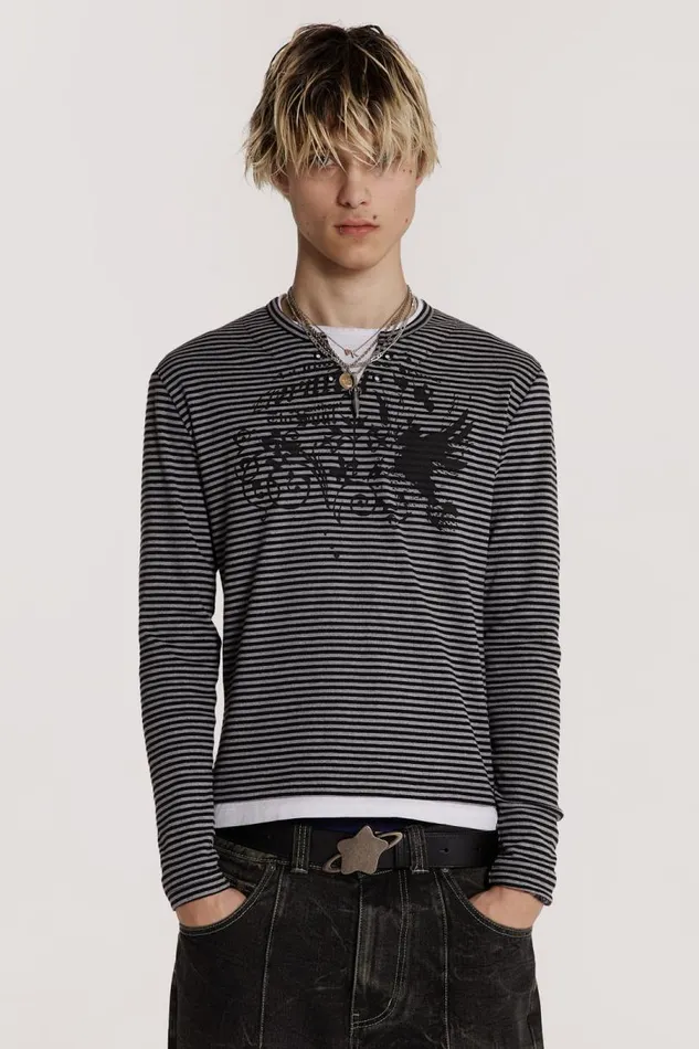 Men Jaded London TShirts Lithium Stripe Layered Long Sleeve