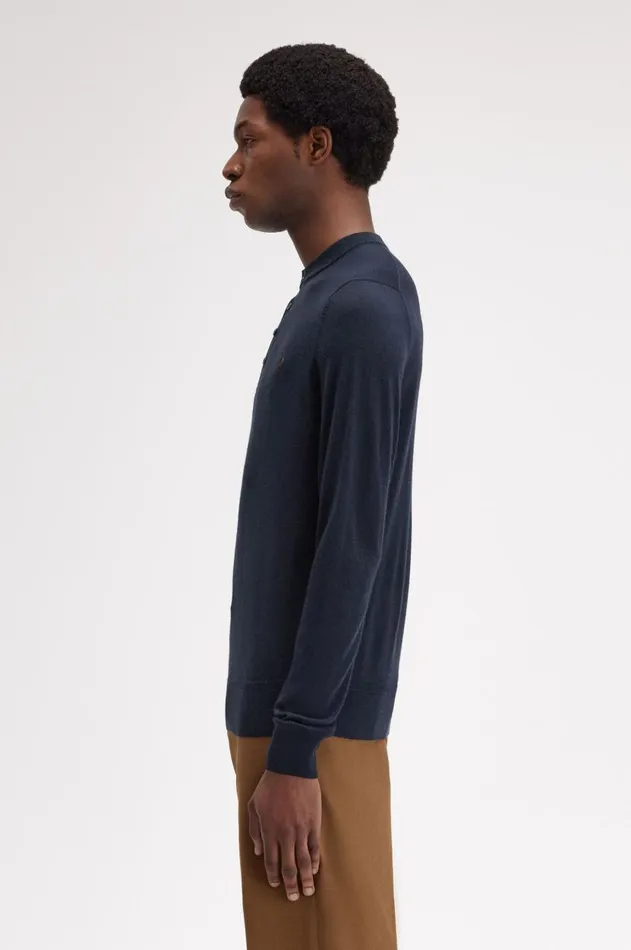 Men Knitwear Fred Perry Fine Knit Long Sleeve Henley Shirt Navy