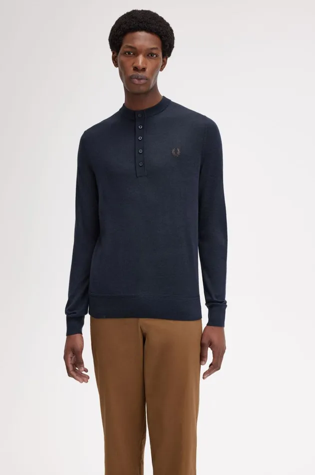 Men Knitwear Fred Perry Fine Knit Long Sleeve Henley Shirt Navy