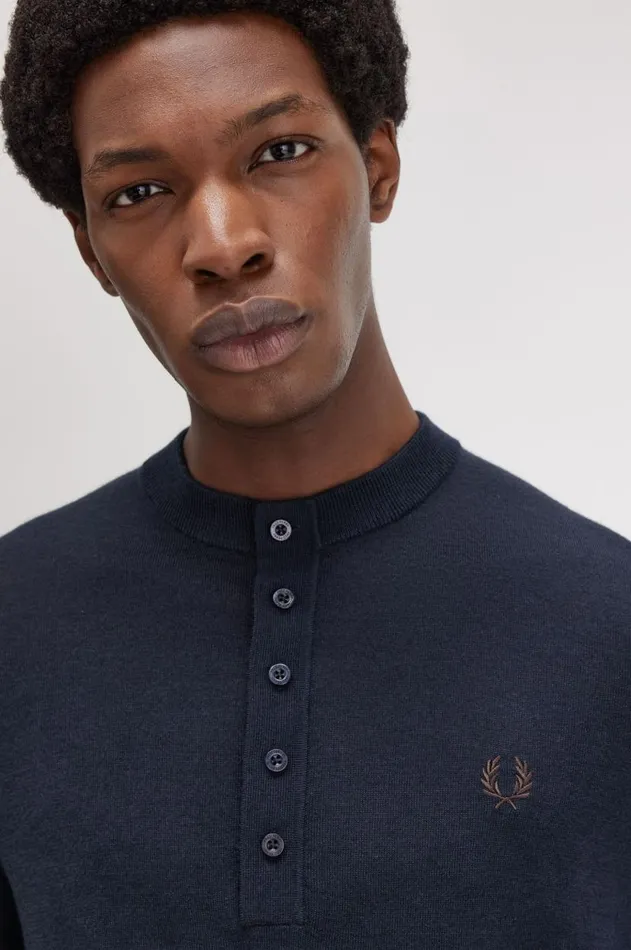 Men Knitwear Fred Perry Fine Knit Long Sleeve Henley Shirt Navy