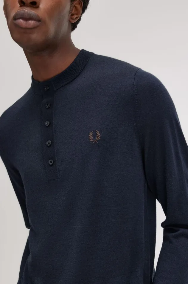 Men Knitwear Fred Perry Fine Knit Long Sleeve Henley Shirt Navy