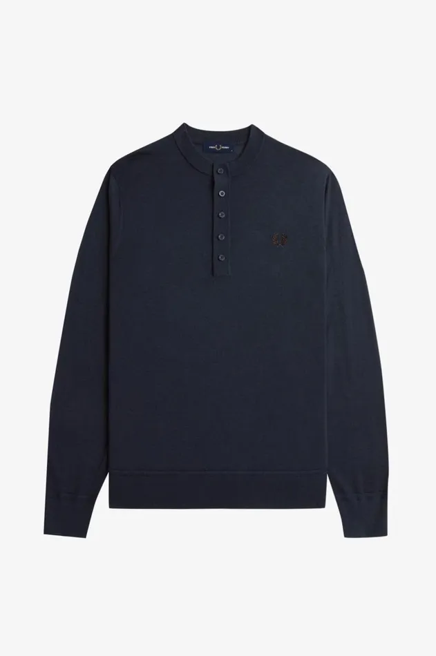 Men Knitwear Fred Perry Fine Knit Long Sleeve Henley Shirt Navy