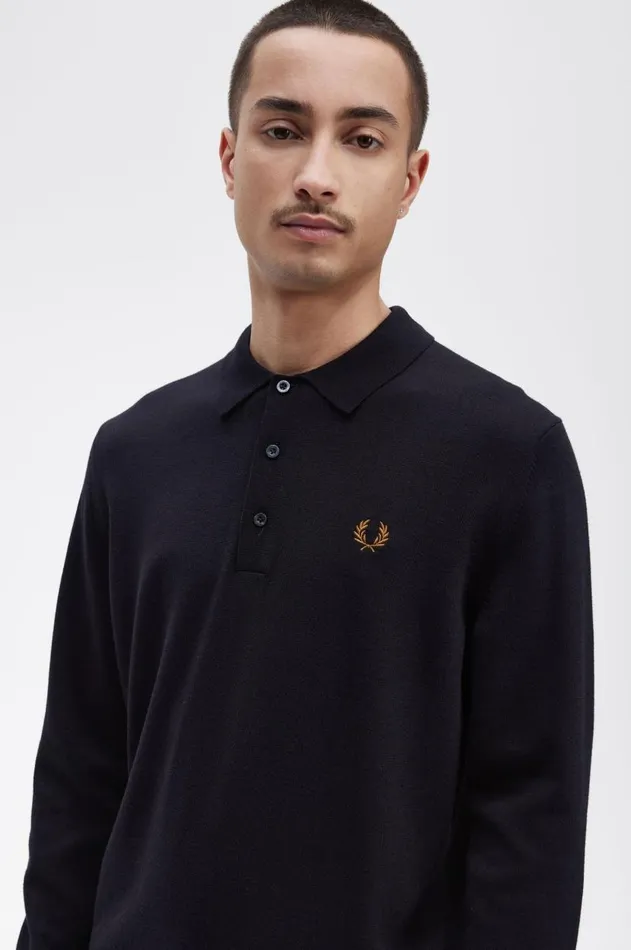 Men Knitwear Fred Perry Long Sleeve Knitted Shirt Navy
