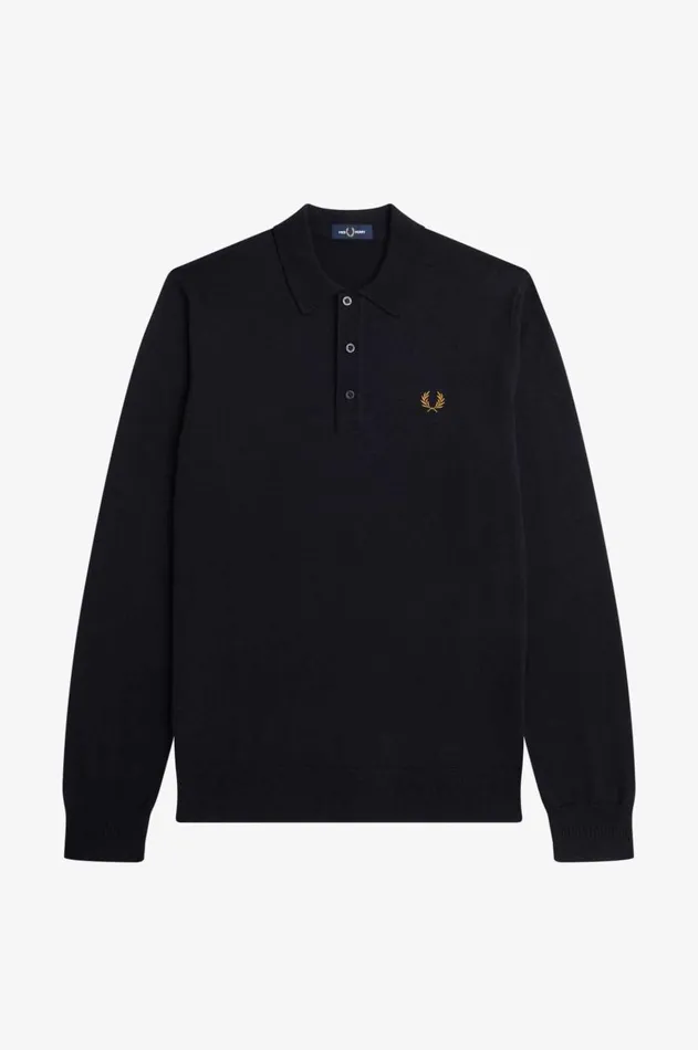 Men Knitwear Fred Perry Long Sleeve Knitted Shirt Navy