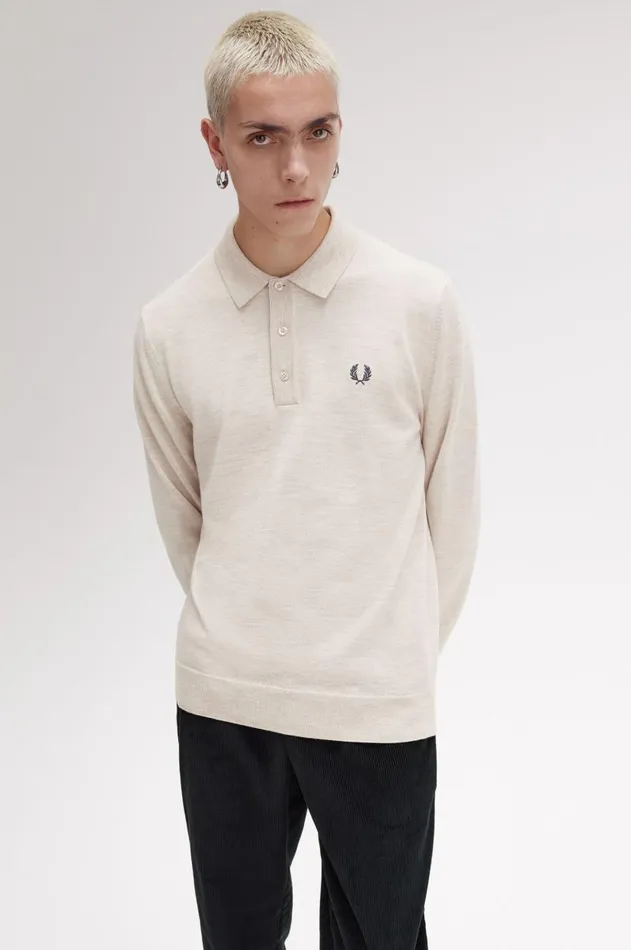 Men Knitwear Fred Perry Long Sleeve Knitted Shirt Porridge Marl