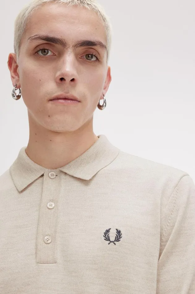 Men Knitwear Fred Perry Long Sleeve Knitted Shirt Porridge Marl