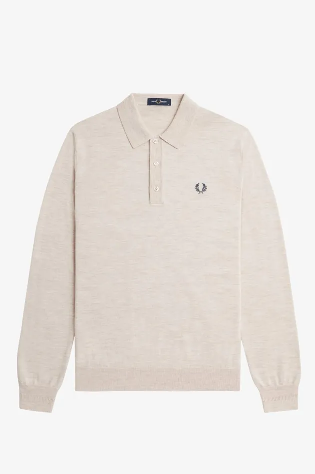 Men Knitwear Fred Perry Long Sleeve Knitted Shirt Porridge Marl