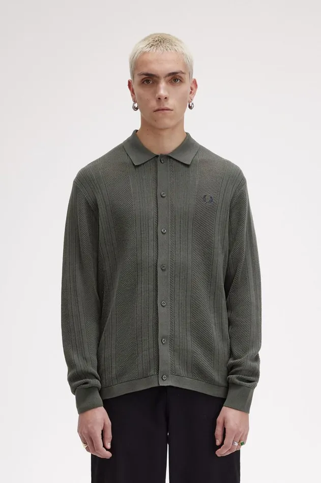 Men Knitwear Fred Perry Pointelle Panel Long Sleeve Knitted Shirt Field Green Men Knitwear Fred Perry Pointelle Panel Long Sleeve Knitted Shirt Field Green
