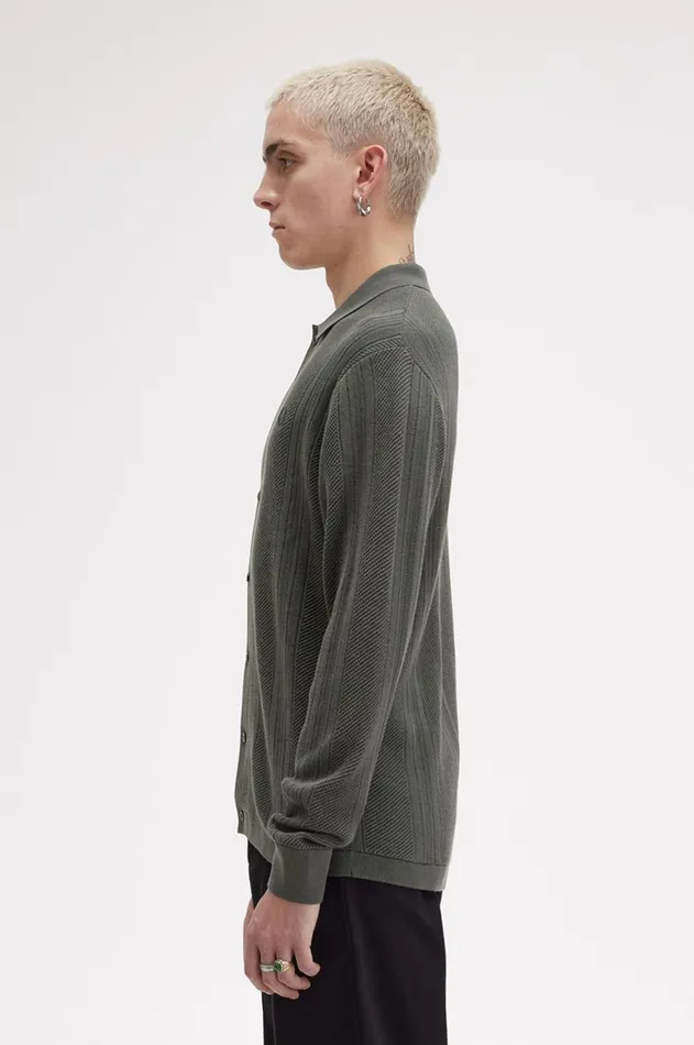Men Knitwear Fred Perry Pointelle Panel Long Sleeve Knitted Shirt Field Green