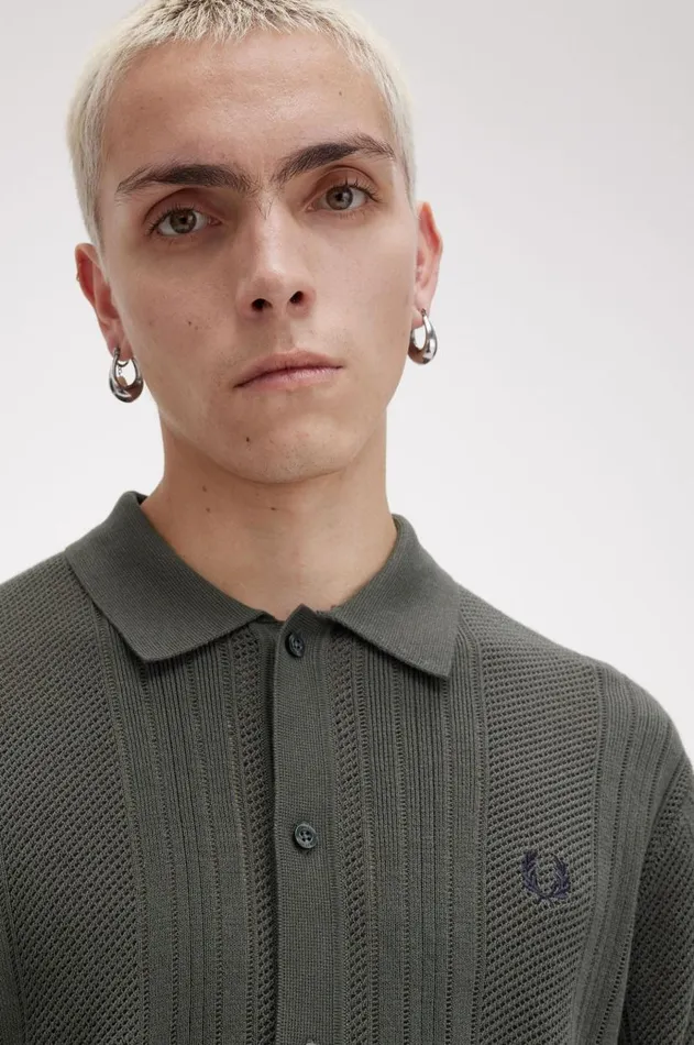 Men Knitwear Fred Perry Pointelle Panel Long Sleeve Knitted Shirt Field Green